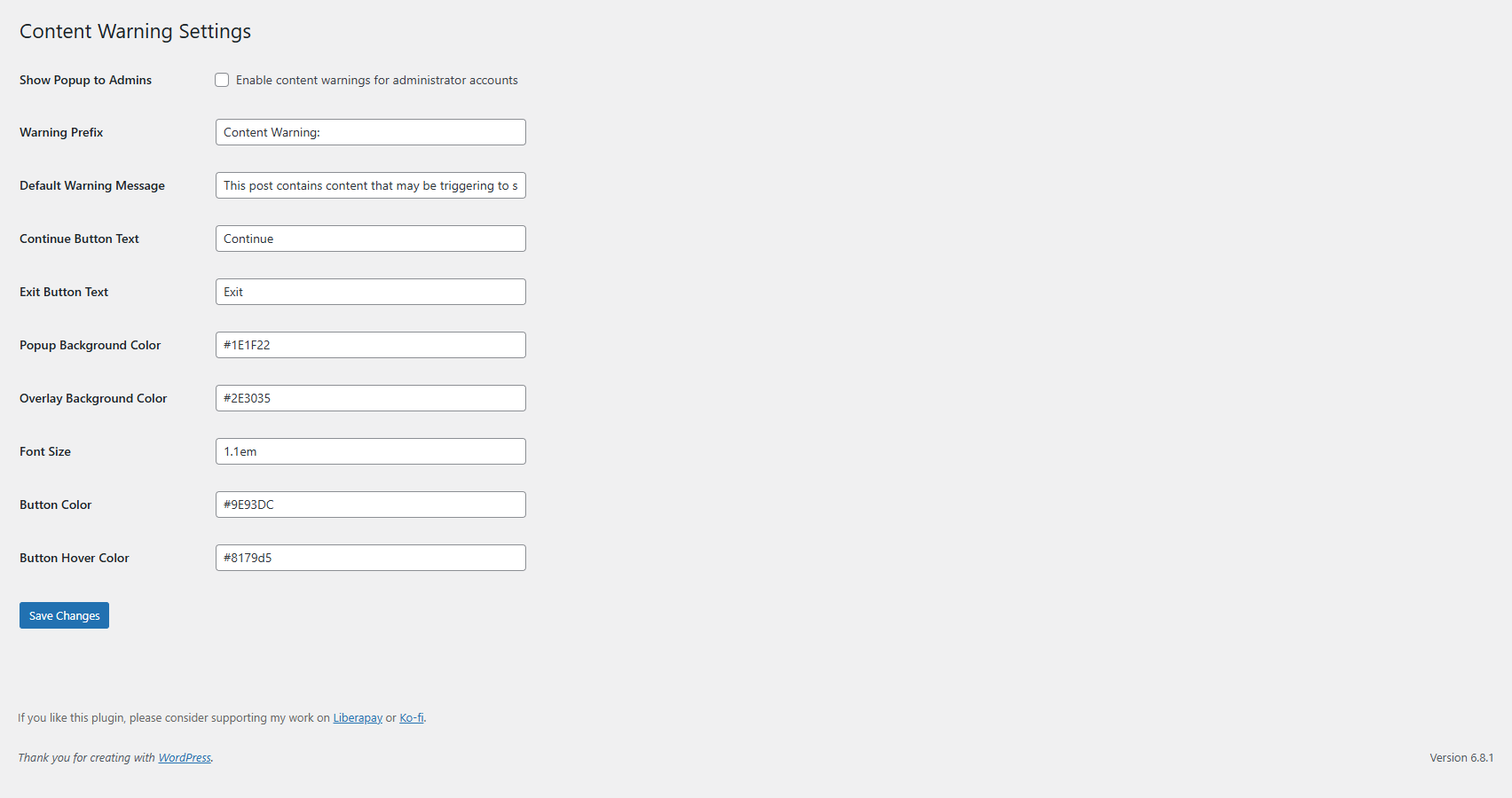 Settings page for Better Content Warning (Screenshots are from v1.0)